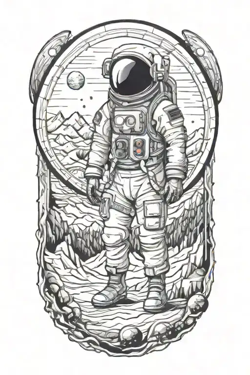astronaut looking at mountains leading into space with planets tattoo design idea