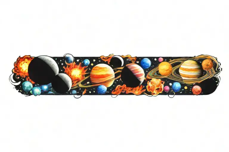 planets solar system with flames tattoo design idea
