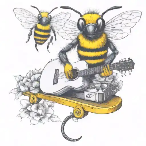 bee playing on guitar skateboard tattoo design idea