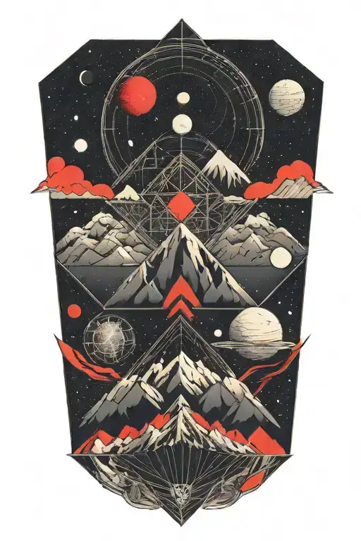 mountains leading into space with planets with red cracks tattoo design idea