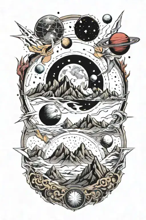 mountains leading into space with planets with red and gold cracks tattoo design idea