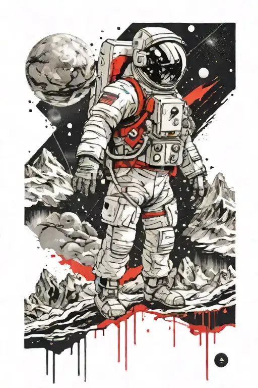 astronaut looking at mountains leading into space with planets tattoo design idea