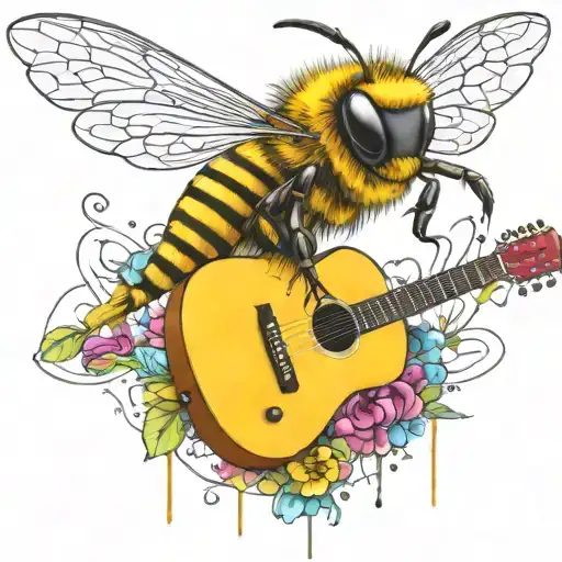 bee flying on scateboard playing guitar tattoo design idea