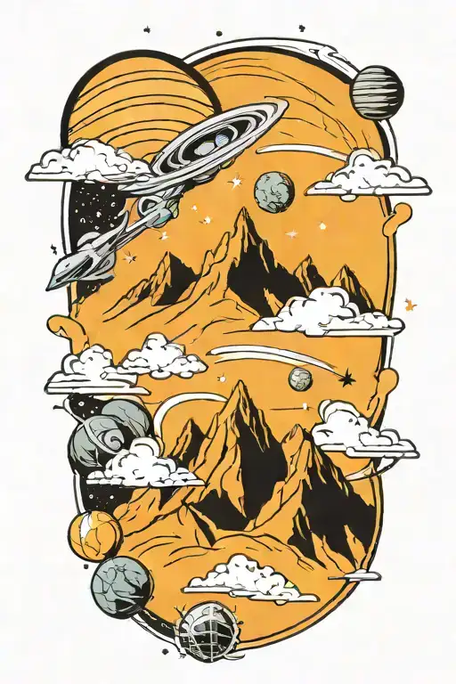 mountains leading into space with planets tattoo design idea