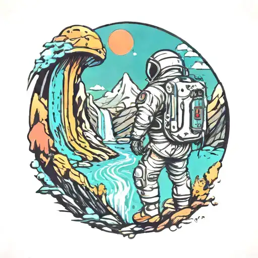 astronaut looking at mountains with waterfall tattoo design idea