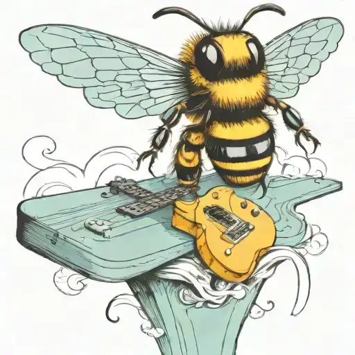 bee flying on scateboard playing guitar tattoo design idea