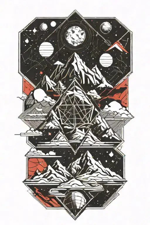 mountains leading into space with planets with red and gold cracks tattoo design idea