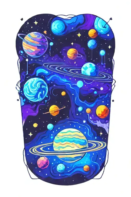 space surrounded by planets tattoo design idea