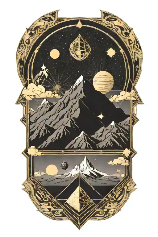 mountains leading into space with planets with gold cracks tattoo design idea