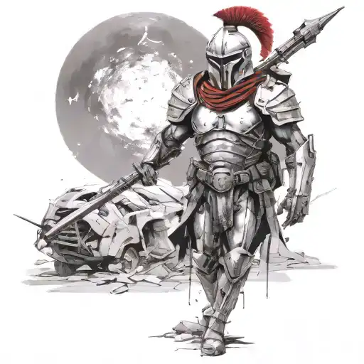 spartan in full armor stranded on alien planet tattoo design idea