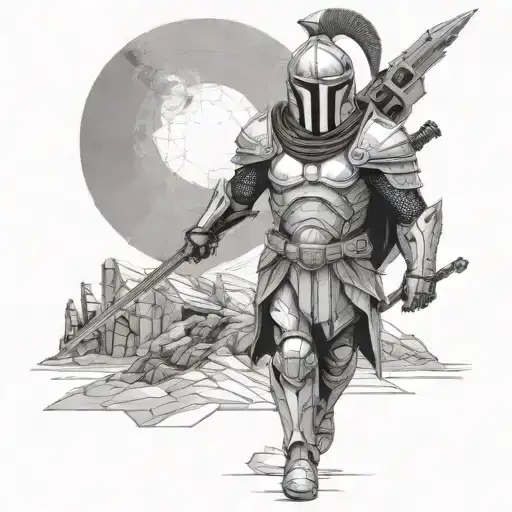 spartan in full armor stranded on alien planet tattoo design idea