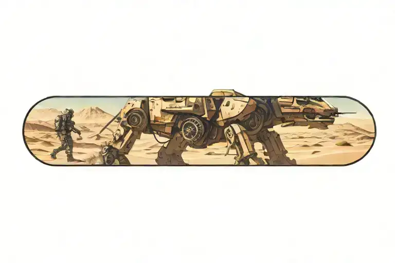 wounded mech walking in desert landscape tattoo design idea