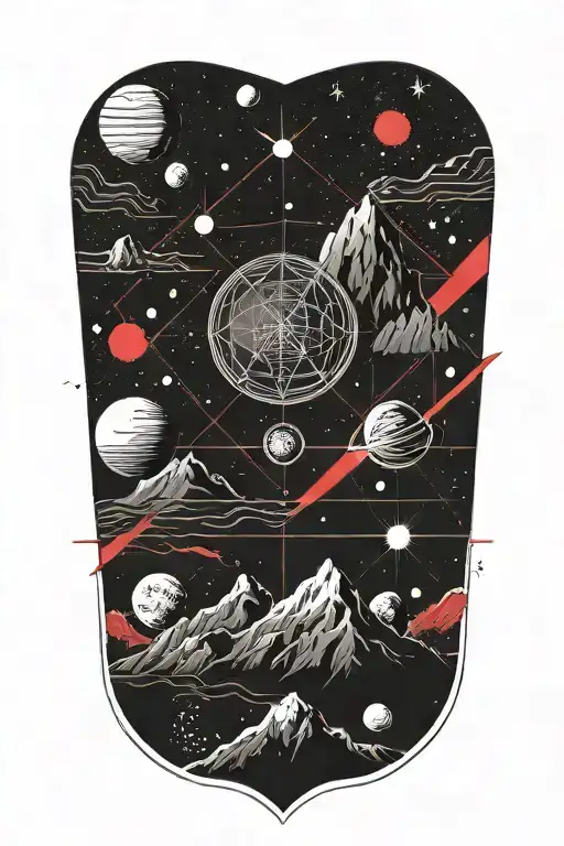 mountains leading into space with planets with red cracks tattoo design idea