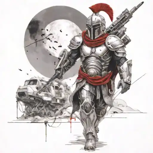 spartan in full armor stranded on alien planet tattoo design idea