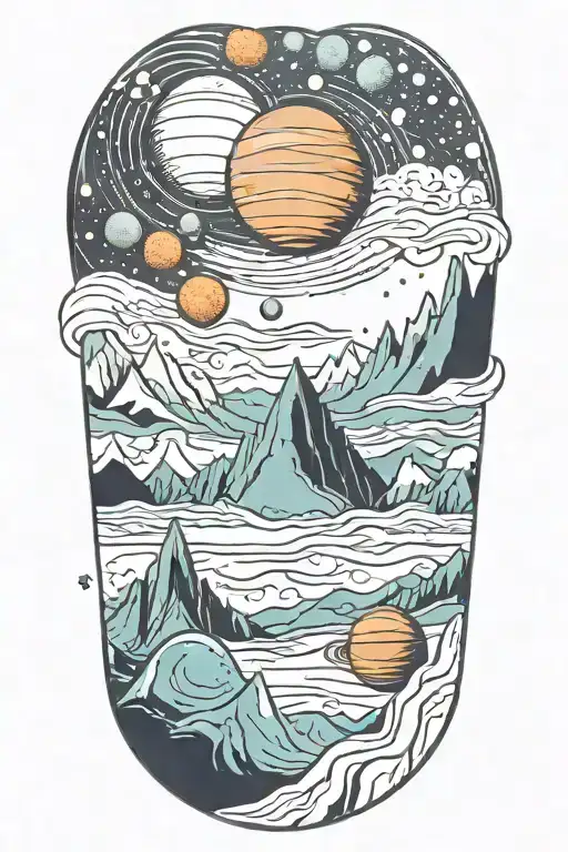 mountains leading into space with planets tattoo design idea