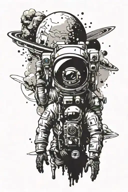trash polka astronaut looking at mountains leading into space with planets tattoo design idea