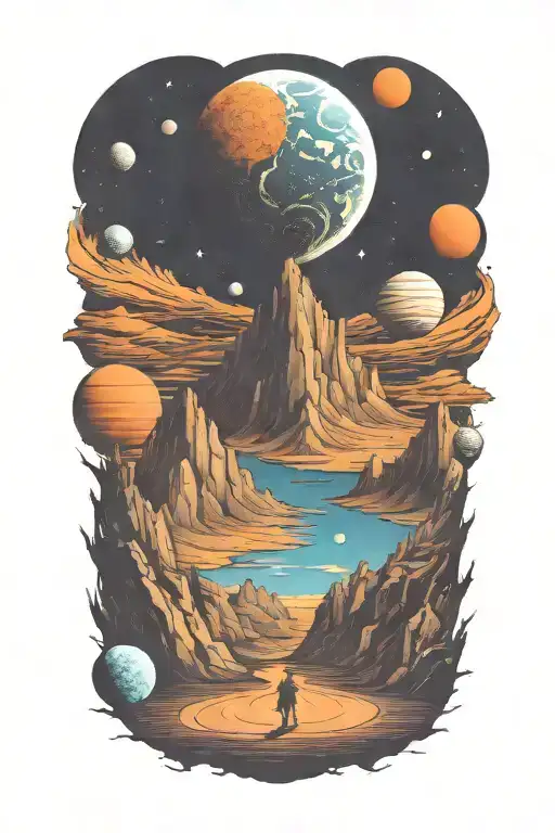 mountains leading into space with planets tattoo design idea