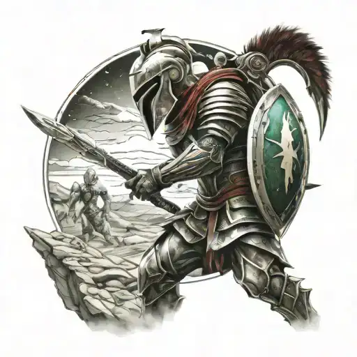 spartan in full armor stranded on alien planet tattoo design idea