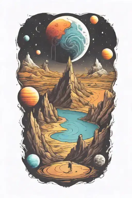 mountains leading into space with planets tattoo design idea