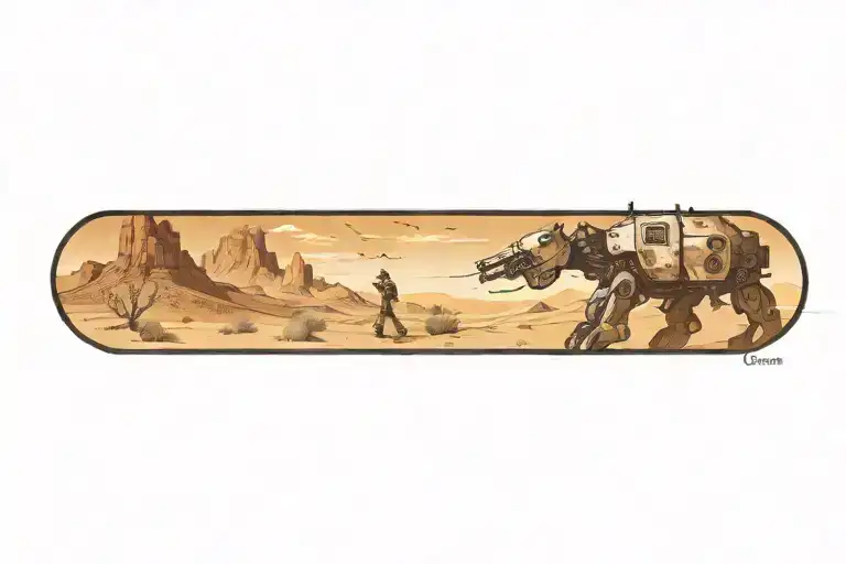 wounded mech walking in desert landscape tattoo design idea