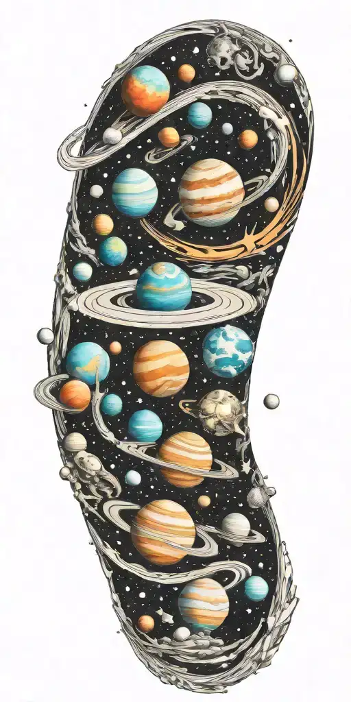 space surrounded by planets tattoo design idea