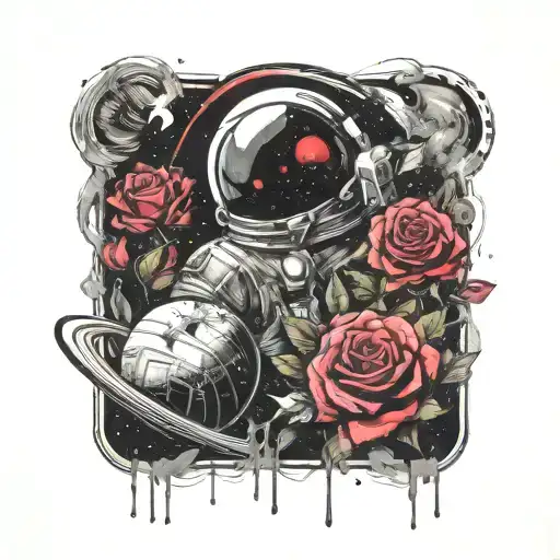 space surrounded by planets with roses tattoo design idea