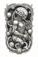 broken machine god looking down at planet tattoo design idea
