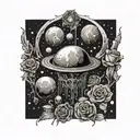 space surrounded by planets with roses tattoo design idea