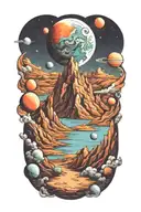 mountains leading into space with planets tattoo design idea