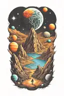 mountains leading into space with planets tattoo design idea