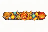 space surrounded by planets with flames tattoo design idea