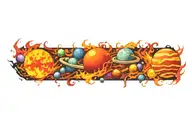 space surrounded by planets with flames tattoo design idea