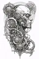 broken machine god looking down at planet sin space tattoo design idea