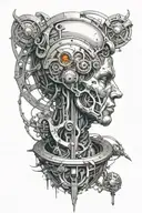 broken machine god looking down at planet sin space tattoo design idea