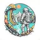 astronaut looking at mountains with waterfall tattoo design idea