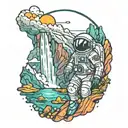 astronaut looking at mountains with waterfall tattoo design idea