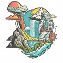 astronaut looking at mountains with waterfall tattoo design idea