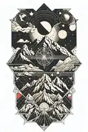 mountains leading into space with planets with red and gold cracks tattoo design idea