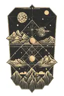 mountains leading into space with planets with gold cracks tattoo design idea