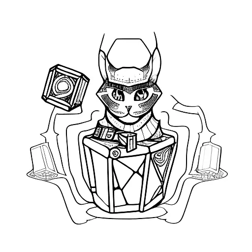 A sleek tattoo design of a runescape character holding a Rubik's cube, with a cat sitting at their feet tattoo design idea