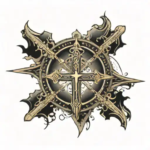 a beutiful intractley orcistrated cross with a egyptian temple sorrounding it illustrating my body is a temple tattoo design idea