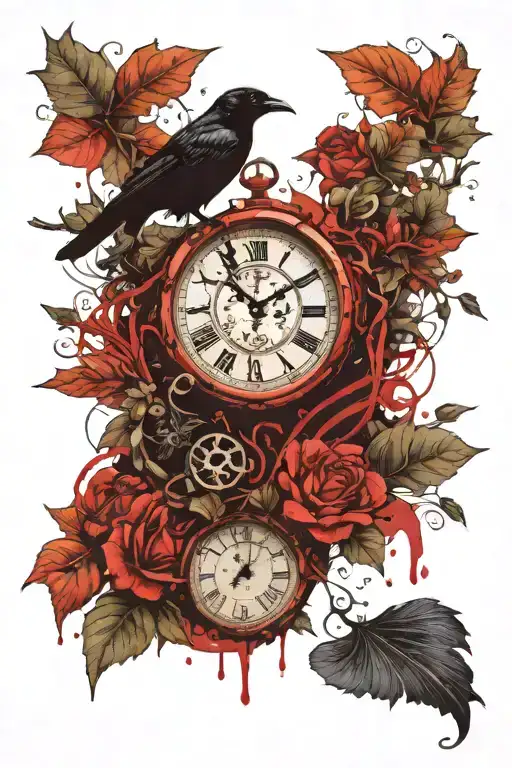 small crow carrying a clock covered with ivy growing  tattoo design idea