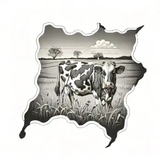 Fields with a cow grazing tattoo design idea