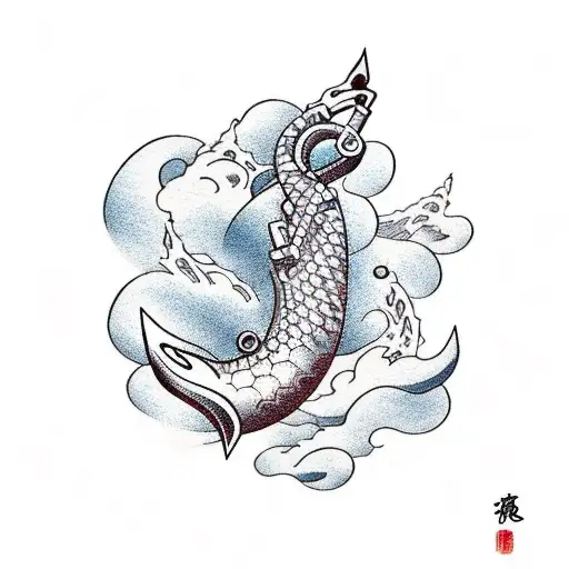 anchor, waves, coi fish scene tattoo design idea
