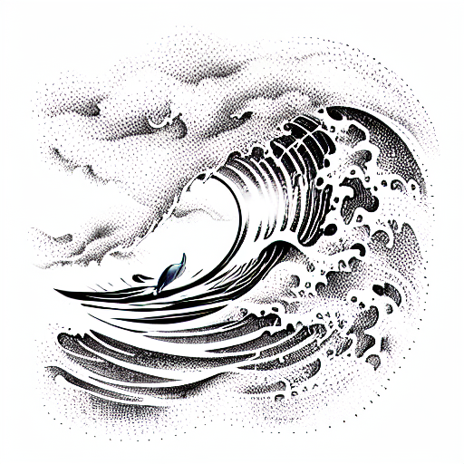 ocean wave with dolphin and palm trees on island tattoo design idea
