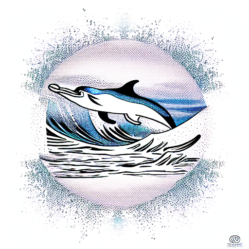 ocean wave with dolphin and palm trees on island tattoo design idea