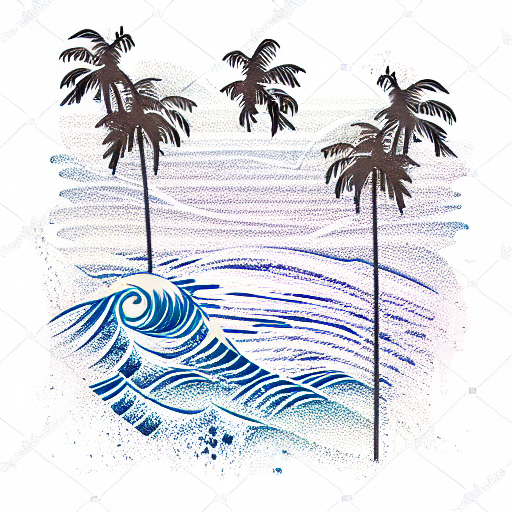 ocean wave and palm trees on sand tattoo design idea