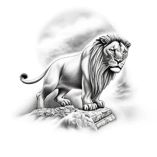 aslan standing on broken tomb as sun rays come from behind and clouds part tattoo design idea