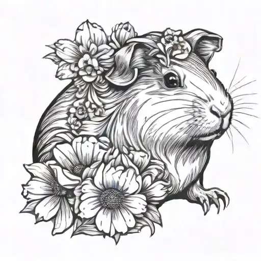 guinea pig with flowers blooming tattoo design idea
