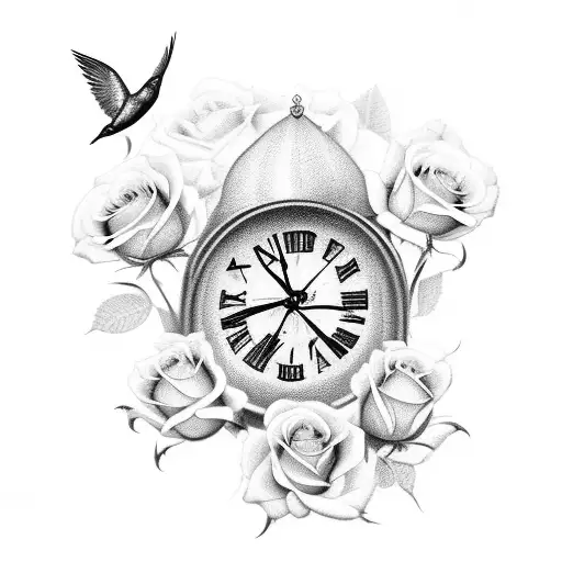 Clock and roses and hummingbirds and praying hands tattoo design idea
